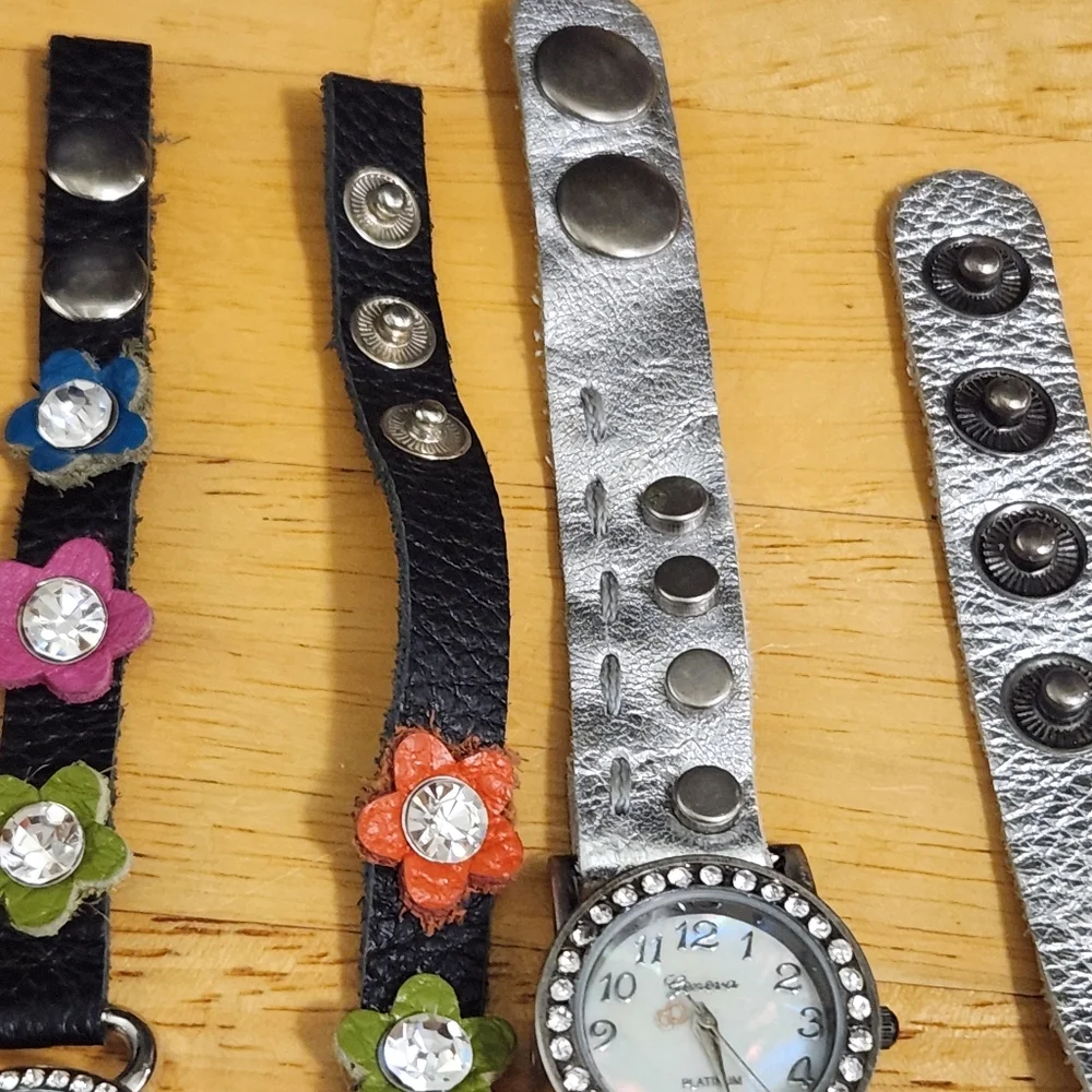 Women's Black Floral Wrap Watch with Rhinestone Accents UNTESTED USED